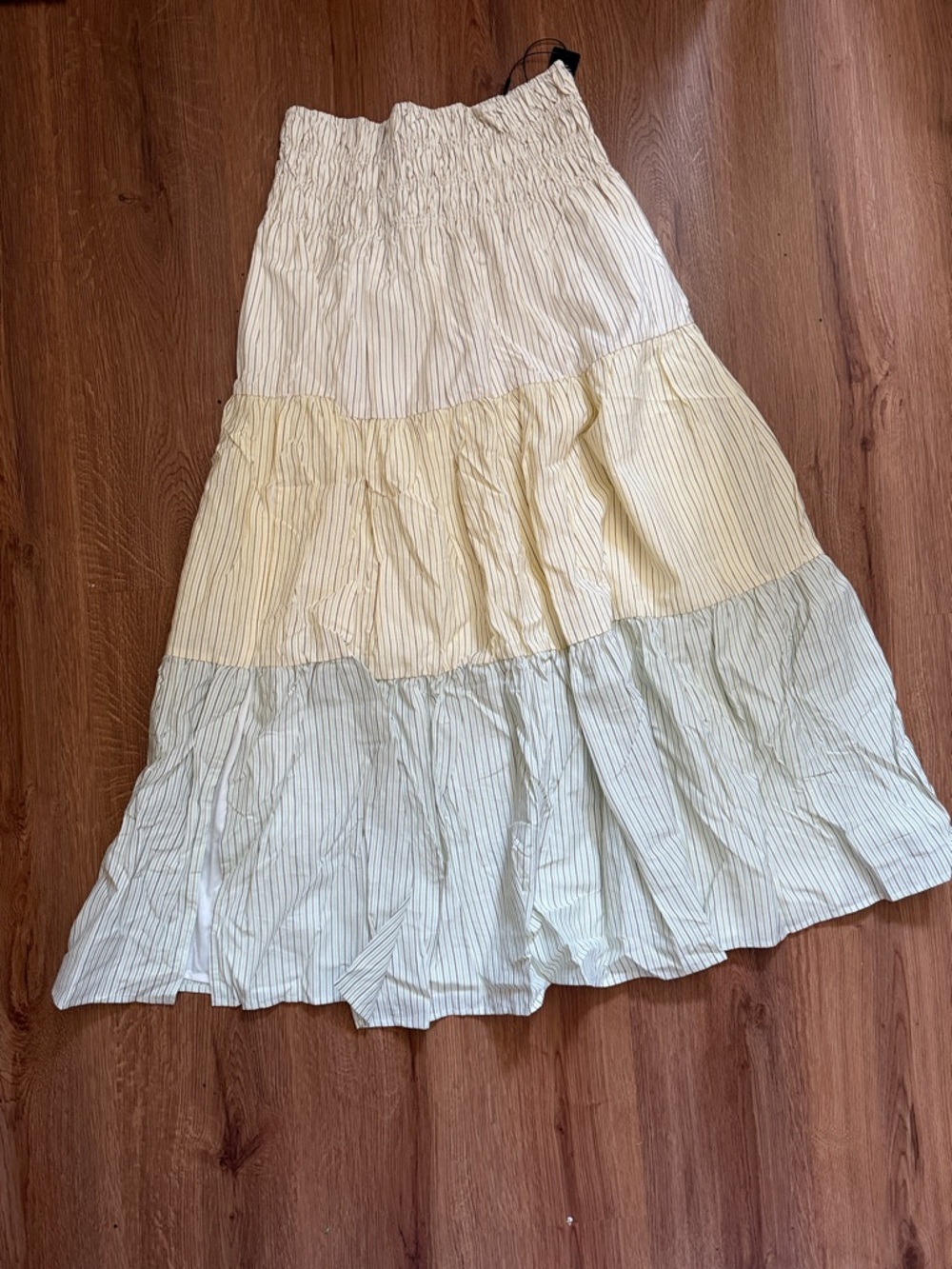 Fashion Nova Tiered Striped Maxi Skirt in Cream, Pale Yellow & Green